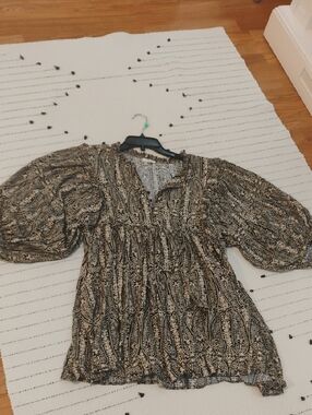 Black & Tan Paisley Babydoll Dress With Bell Sleeves And Pocket Size M